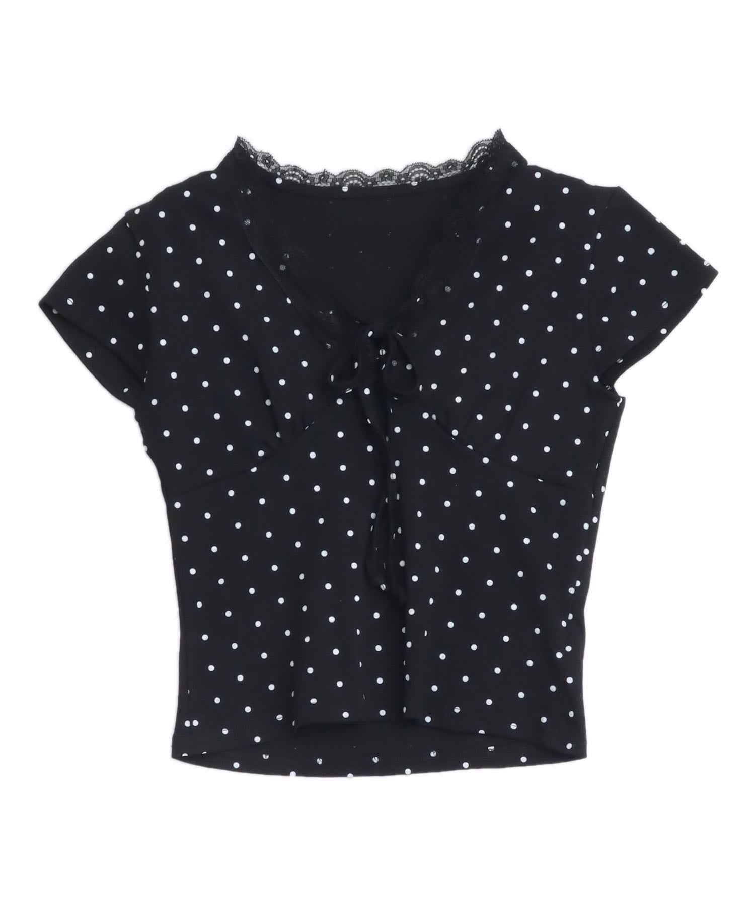 フロントリボン レースドッキング ドット柄トップス Tシャツ 153-6129