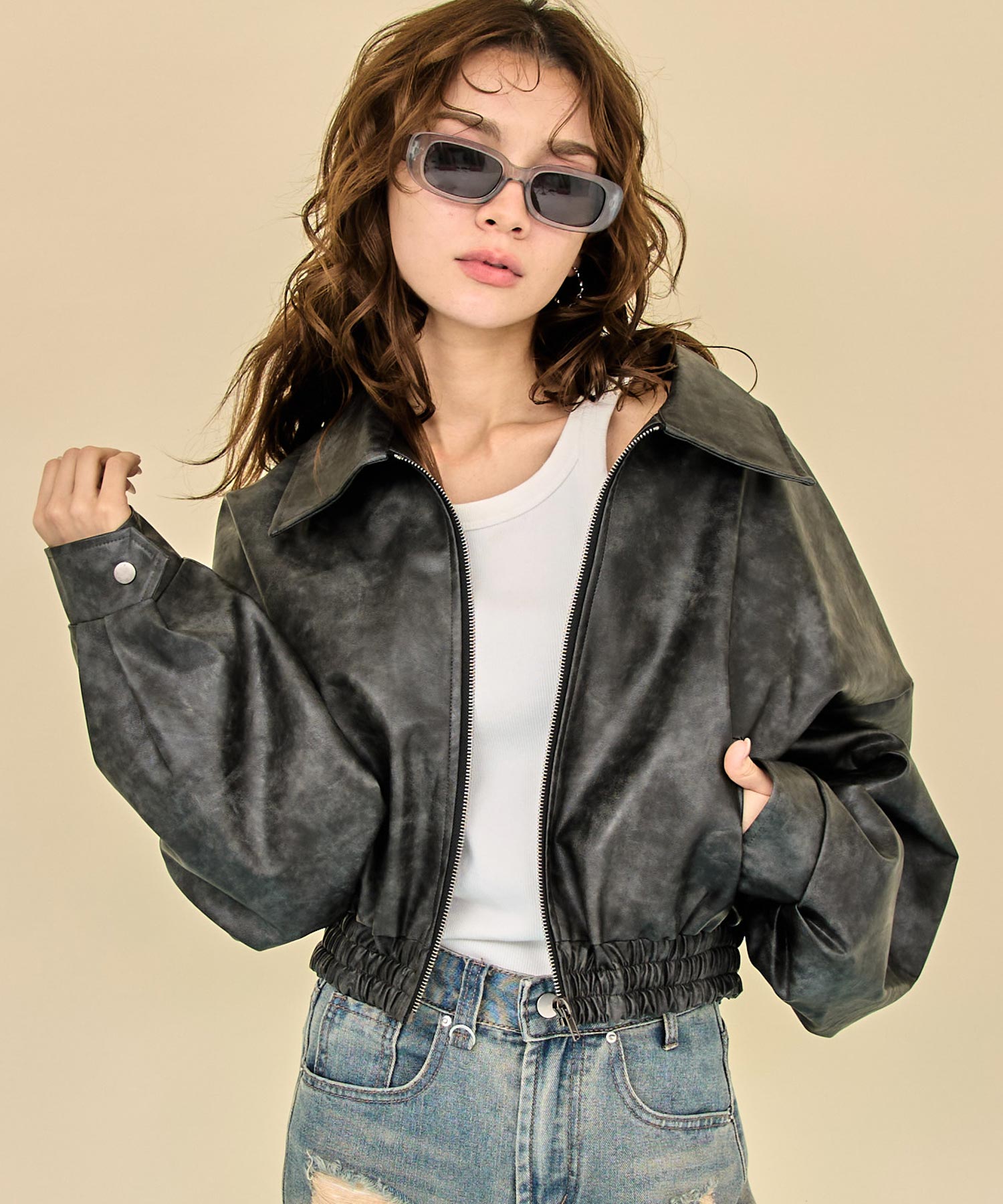 ヴィンテージ加工 フェイクレザー クロップド ブルゾン 155-5987