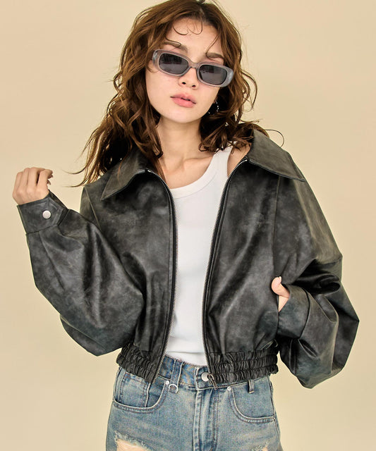 ヴィンテージ加工 フェイクレザー クロップド ブルゾン 155-5987