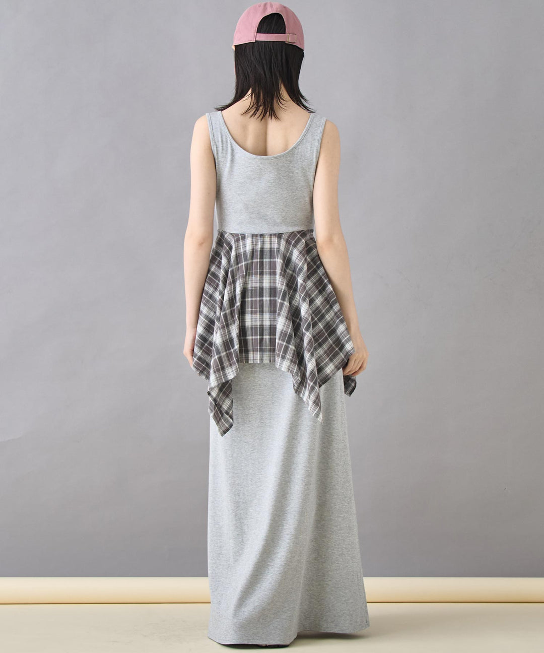 チェックシャツ付き ノースリーブ ロング ワンピース 157-5796