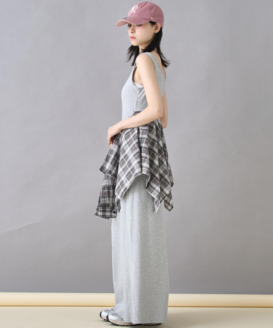 チェックシャツ付き ノースリーブ ロング ワンピース 157-5796