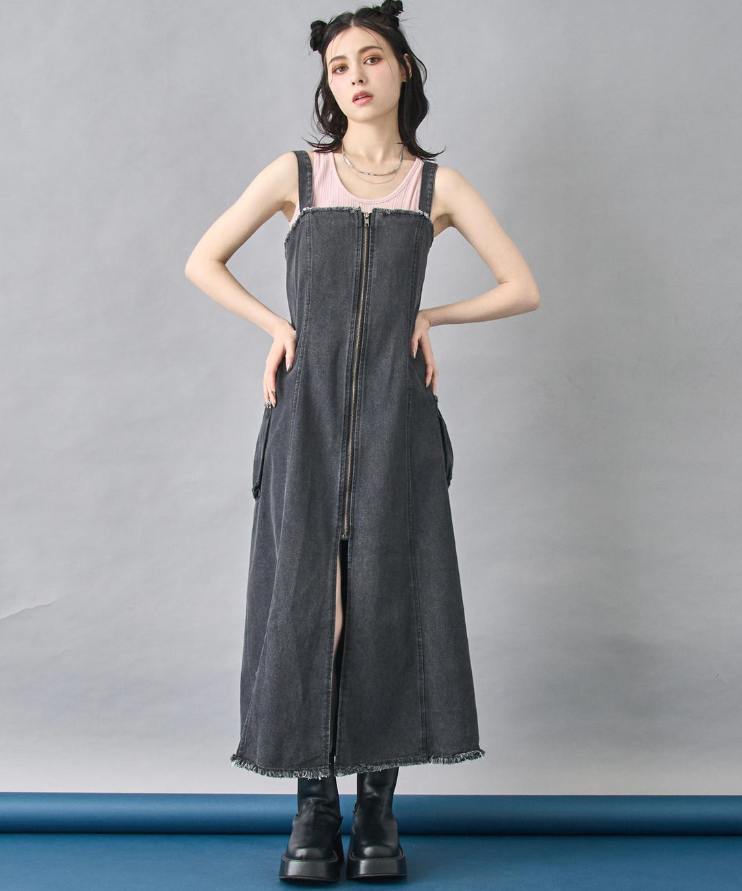 ZIP デニム フレアワンピース 157-5848