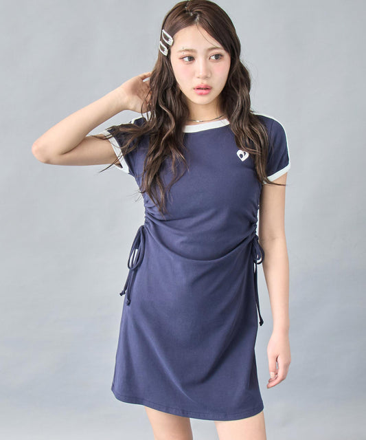 スポーティー Tシャツ ウエスト ギャザー ミニ ワンピース 157-5875