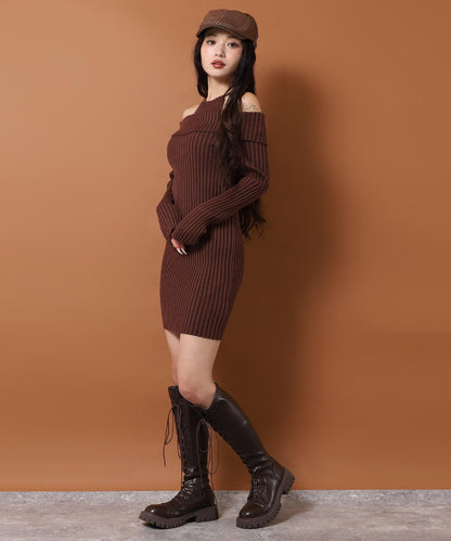 レイヤード見え オフショルダー リブ ニット ミニ ワンピース 157-5951