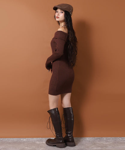 レイヤード見え オフショルダー リブ ニット ミニ ワンピース 157-5951