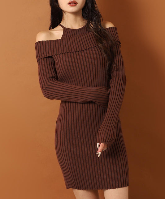 レイヤード見え オフショルダー リブ ニット ミニ ワンピース 157-5951