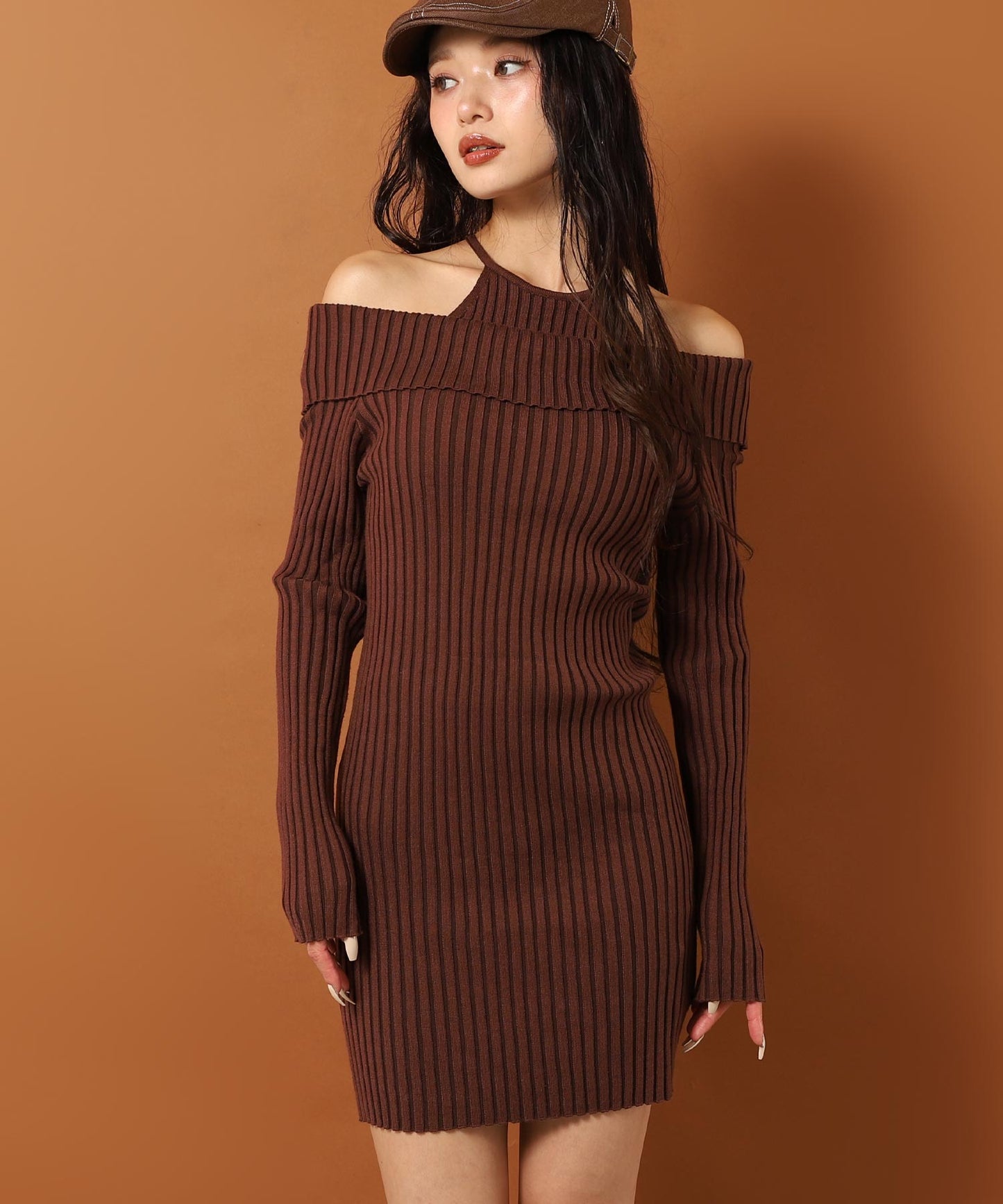 レイヤード見え オフショルダー リブ ニット ミニ ワンピース 157-5951