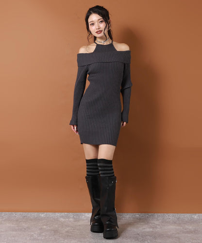 レイヤード見え オフショルダー リブ ニット ミニ ワンピース 157-5951