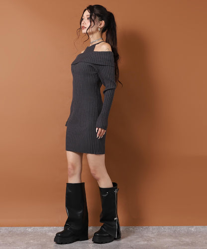 レイヤード見え オフショルダー リブ ニット ミニ ワンピース 157-5951