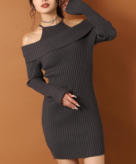 レイヤード見え オフショルダー リブ ニット ミニ ワンピース 157-5951