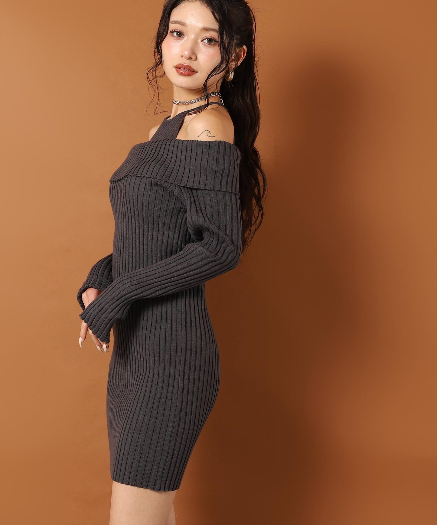 レイヤード見え オフショルダー リブ ニット ミニ ワンピース 157-5951