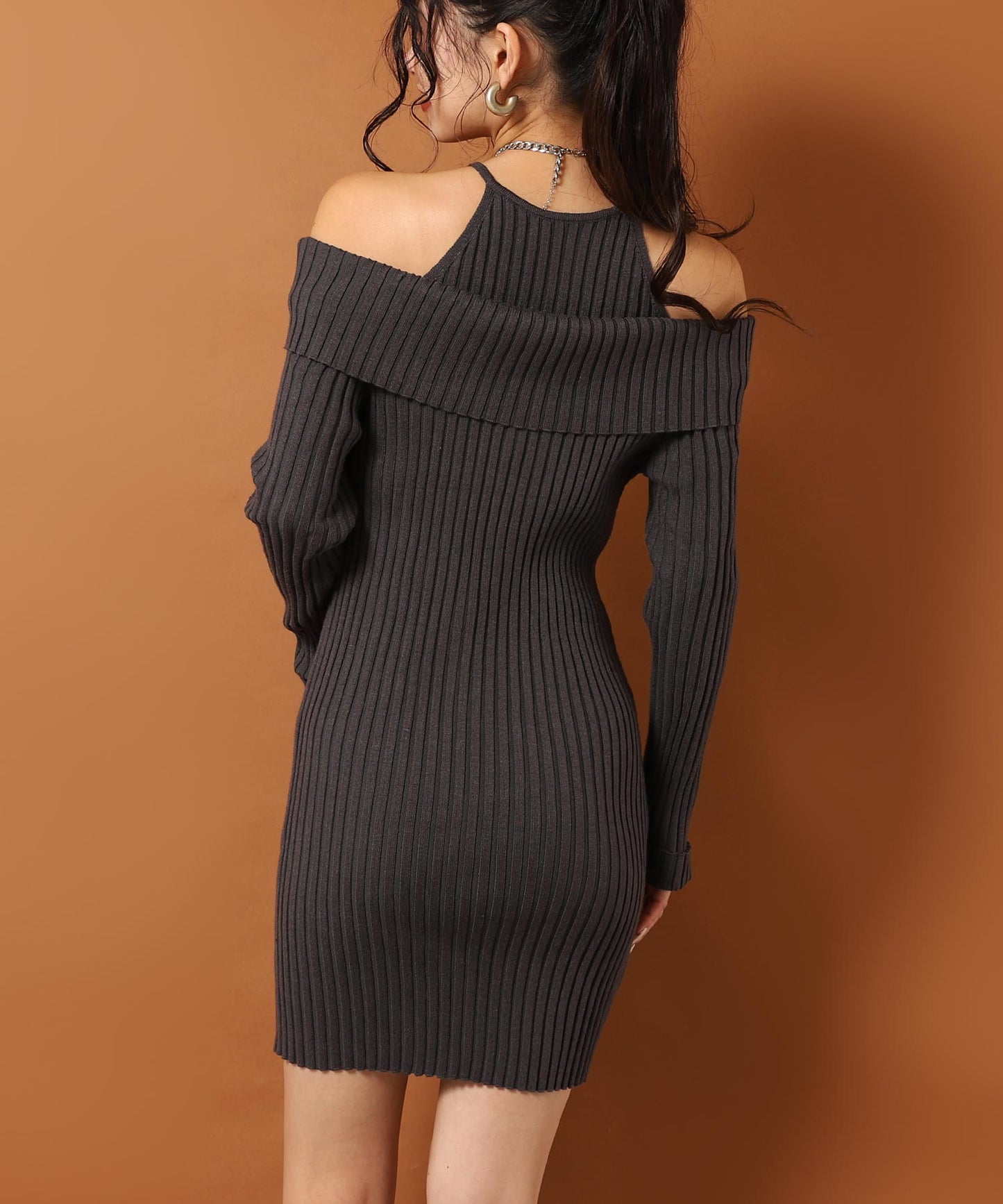 レイヤード見え オフショルダー リブ ニット ミニ ワンピース 157-5951