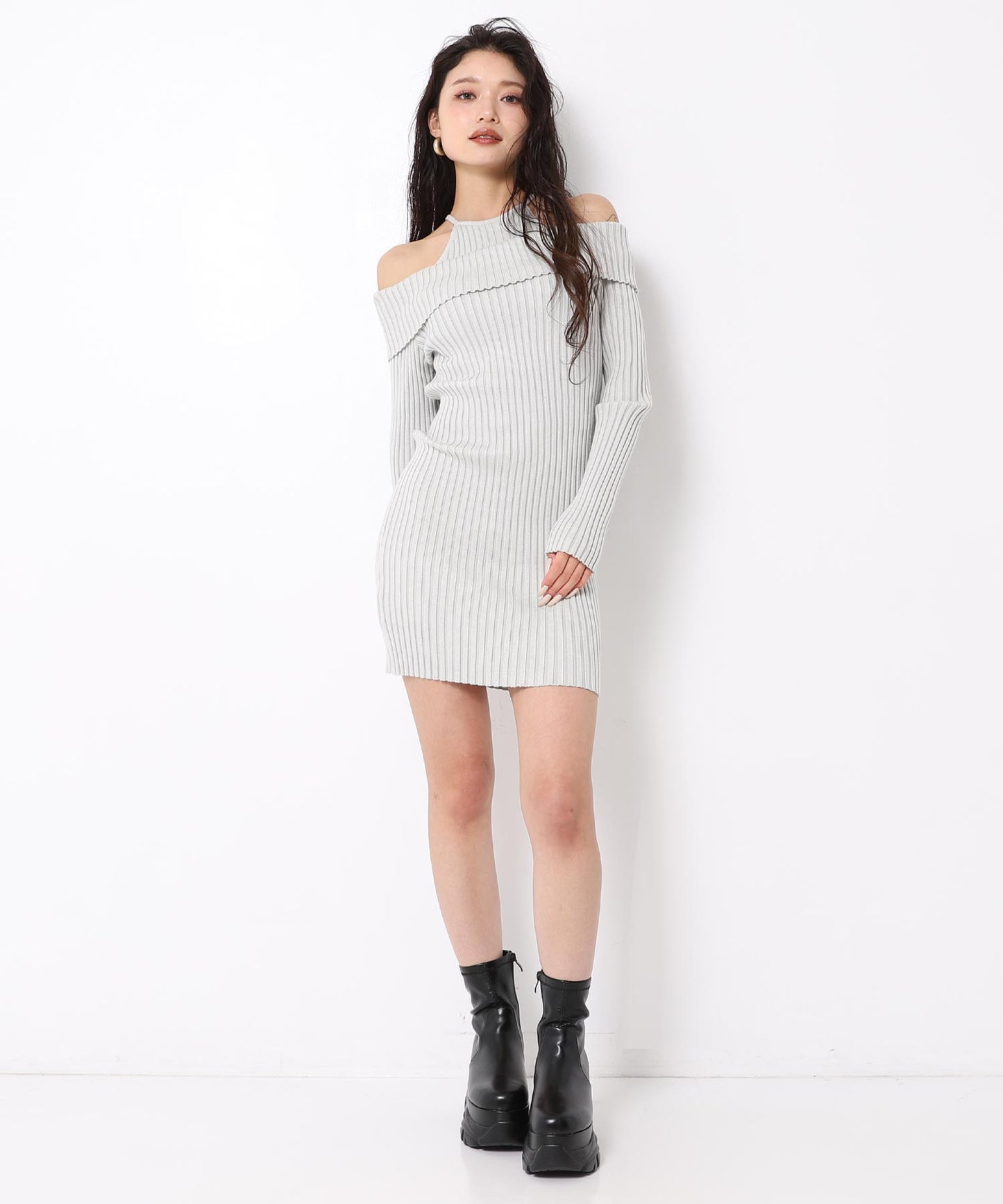 レイヤード見え オフショルダー リブ ニット ミニ ワンピース 157-5951