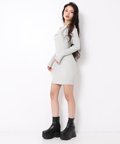 レイヤード見え オフショルダー リブ ニット ミニ ワンピース 157-5951