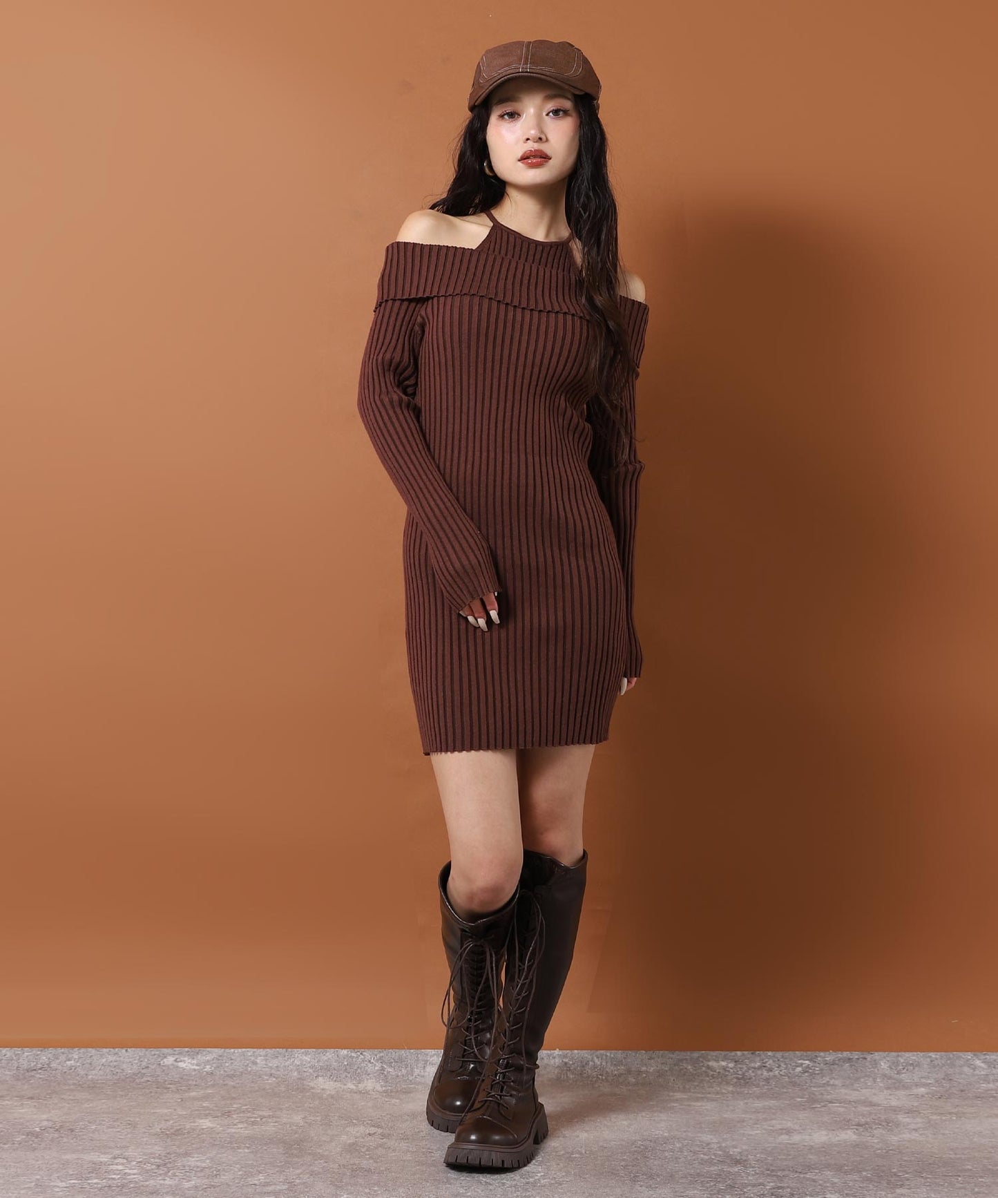 レイヤード見え オフショルダー リブ ニット ミニ ワンピース 157-5951