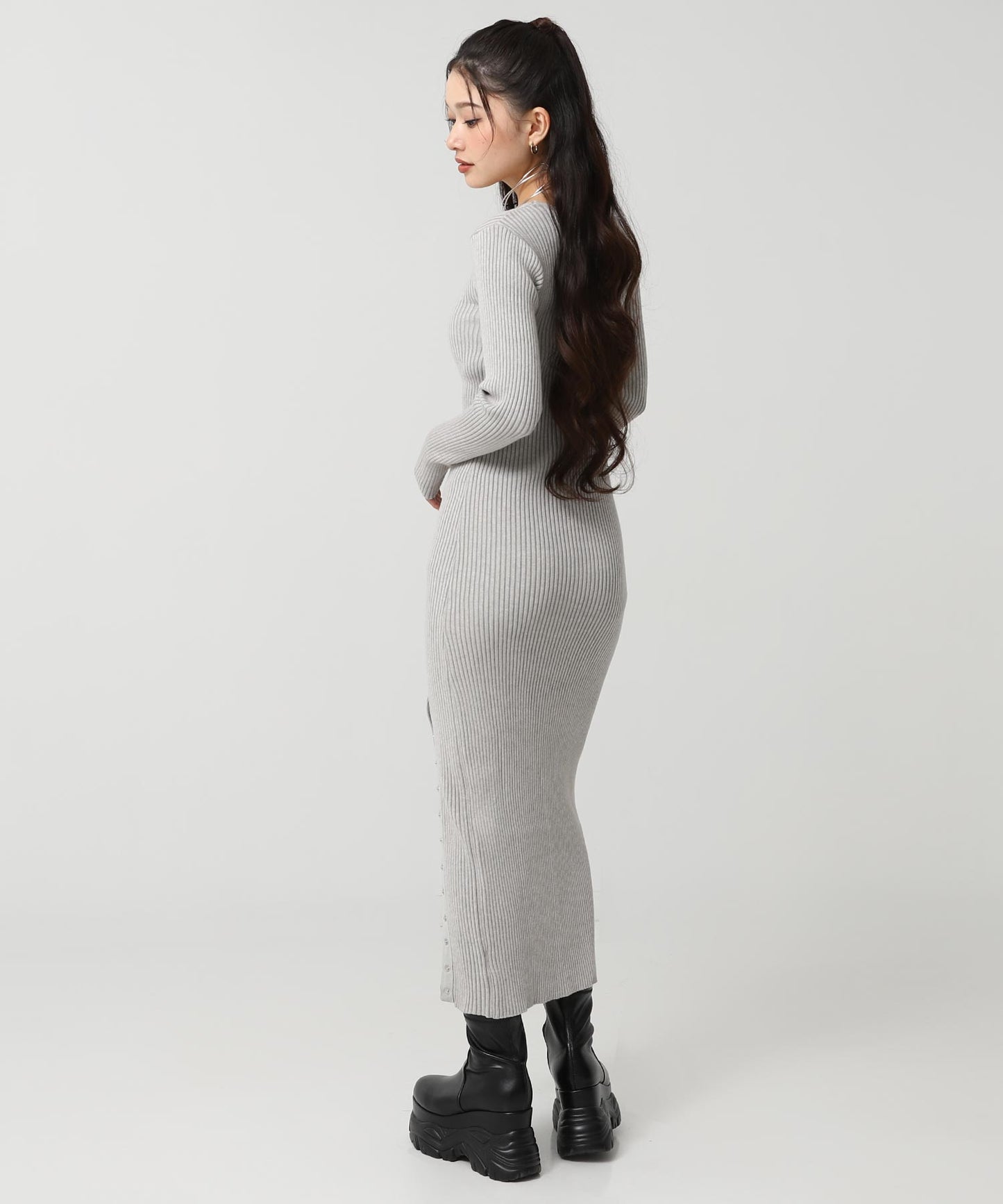 ドットボタン スリット リブ ニット ロング ワンピース 157-5952