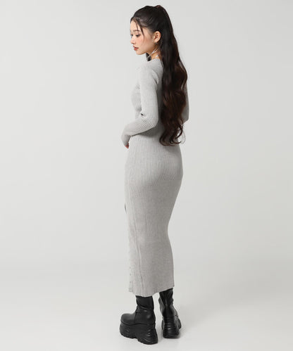 ドットボタン スリット リブ ニット ロング ワンピース 157-5952