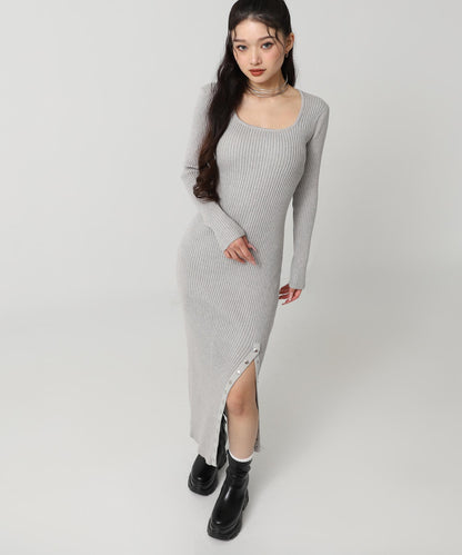ドットボタン スリット リブ ニット ロング ワンピース 157-5952