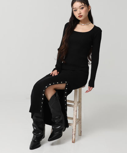 ドットボタン スリット リブ ニット ロング ワンピース 157-5952