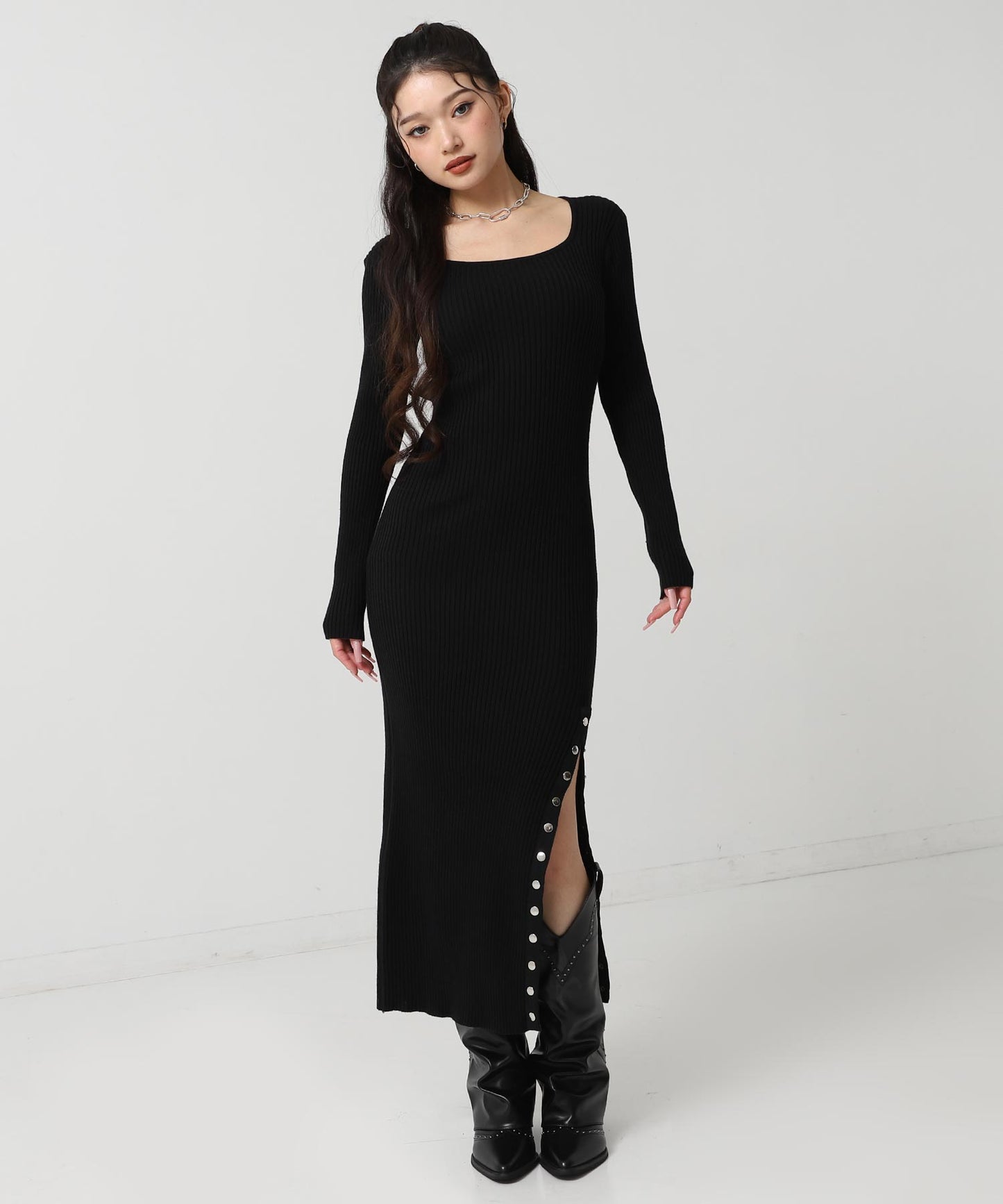 ドットボタン スリット リブ ニット ロング ワンピース 157-5952
