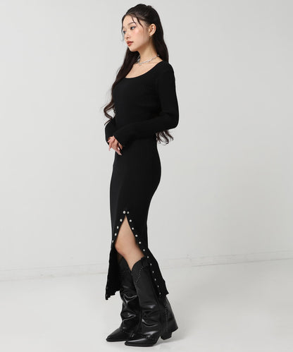 ドットボタン スリット リブ ニット ロング ワンピース 157-5952