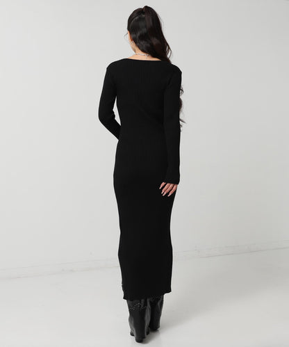 ドットボタン スリット リブ ニット ロング ワンピース 157-5952