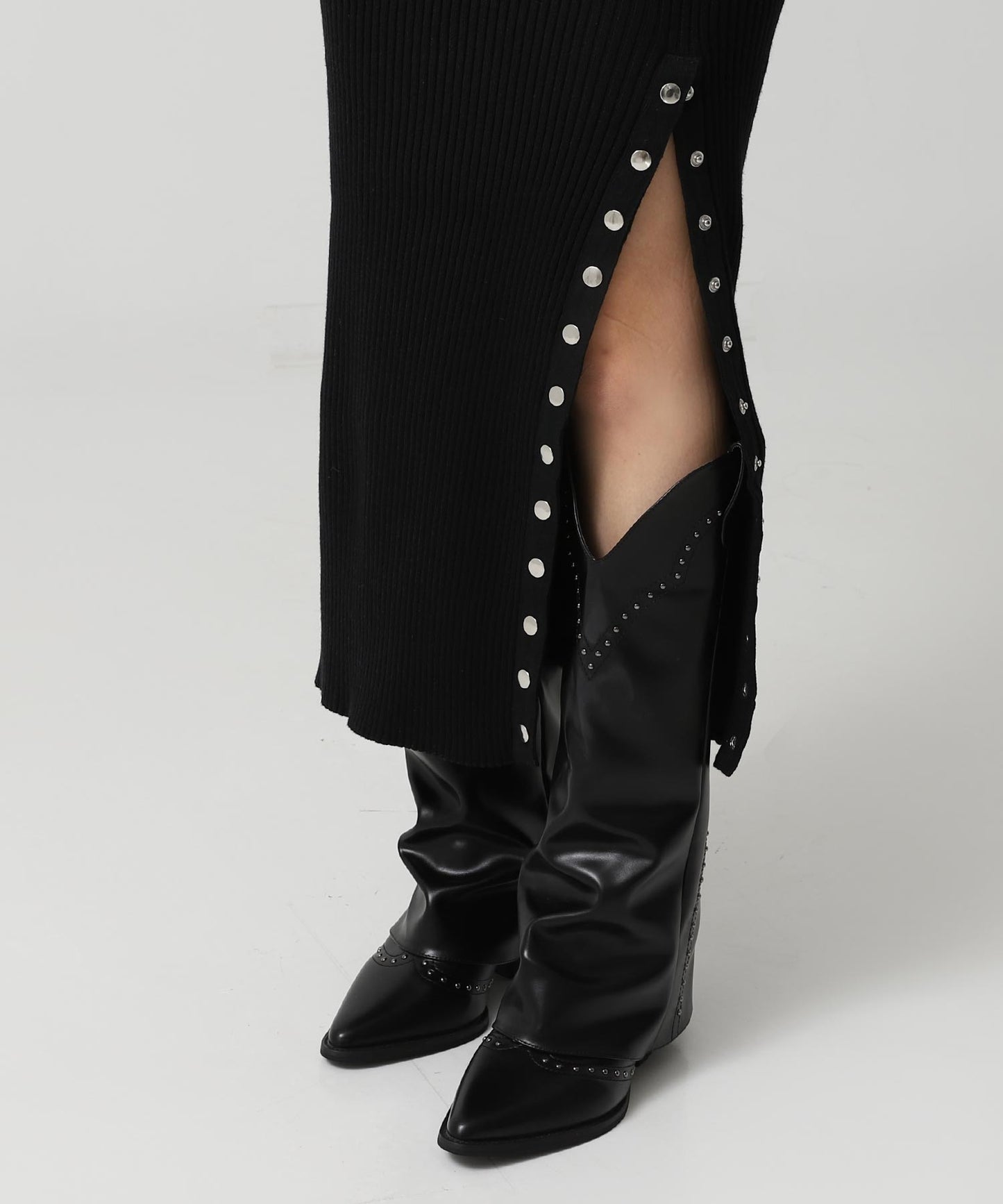 ドットボタン スリット リブ ニット ロング ワンピース 157-5952