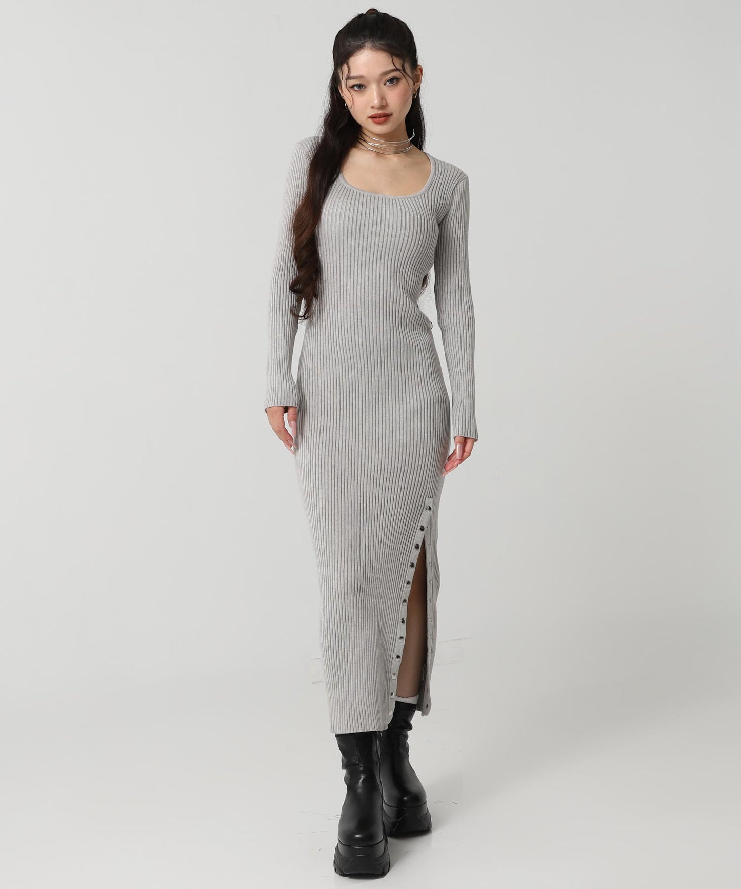 ドットボタン スリット リブ ニット ロング ワンピース 157-5952