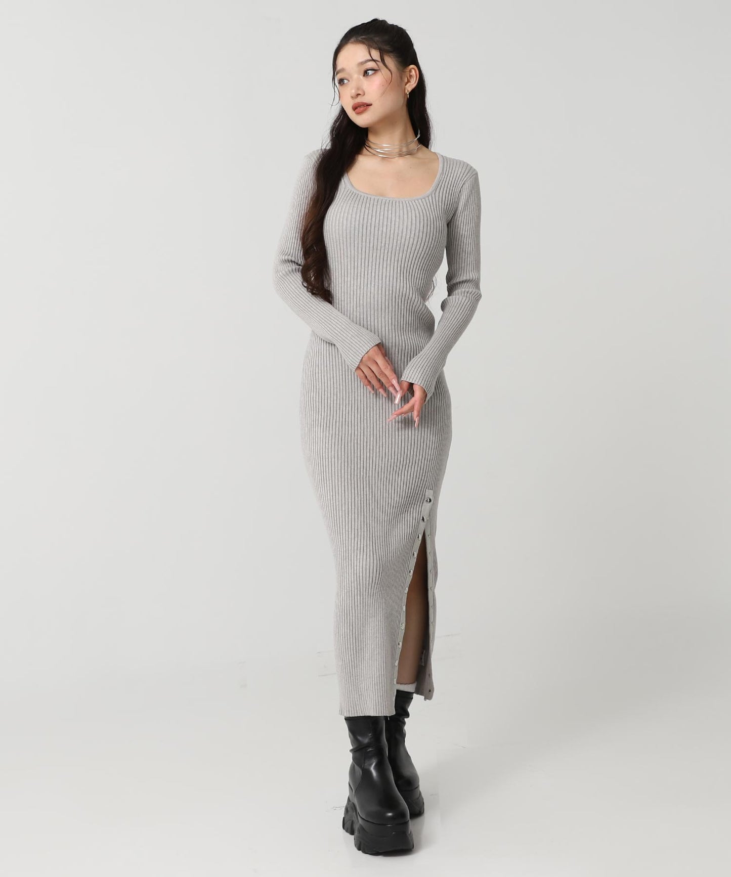 ドットボタン スリット リブ ニット ロング ワンピース 157-5952