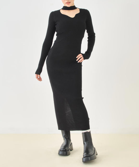 カットアウトデザイン リブニット ロングワンピース 157-5993