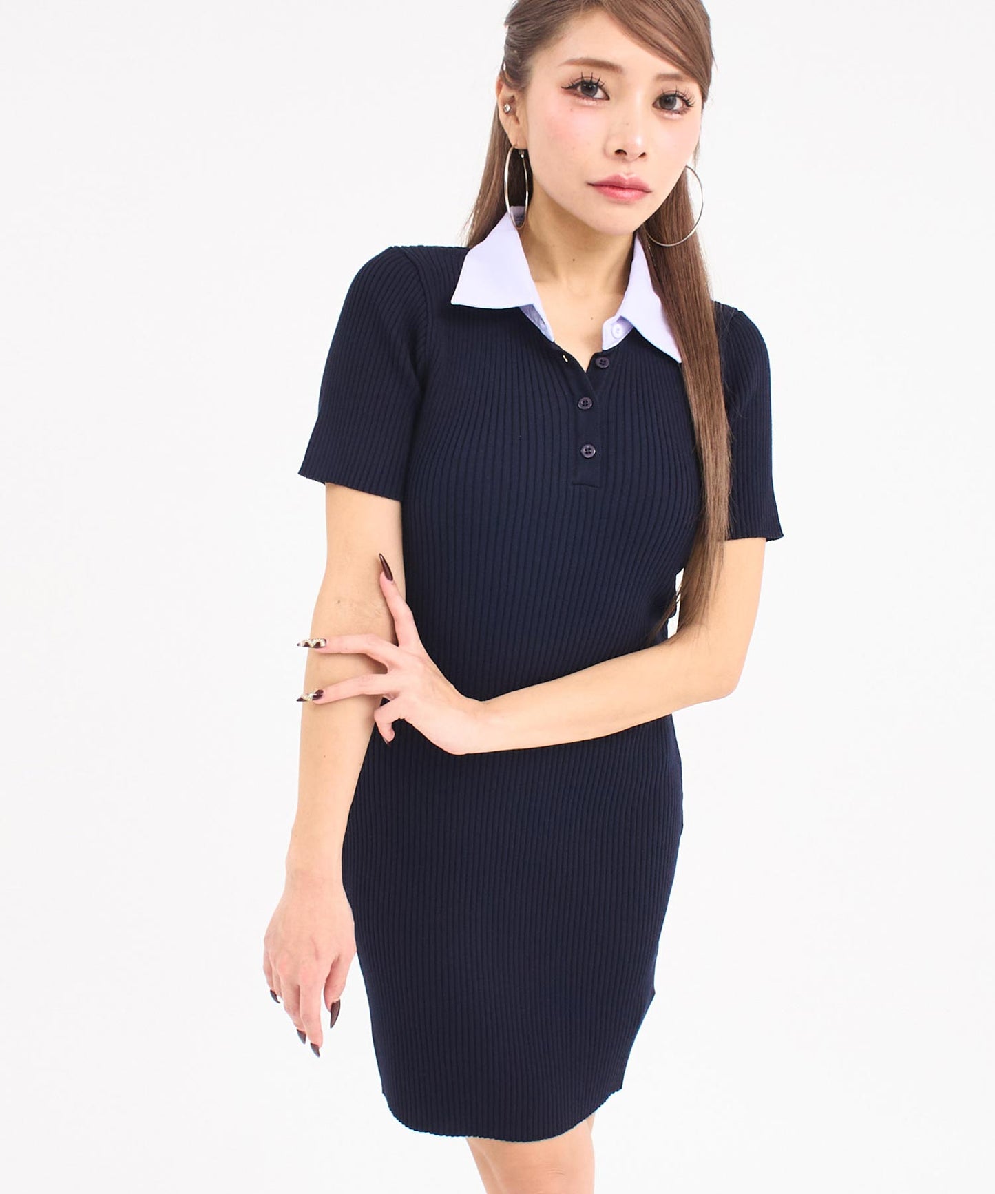 シャツ襟 リブニット ミニ ワンピース 157-5996