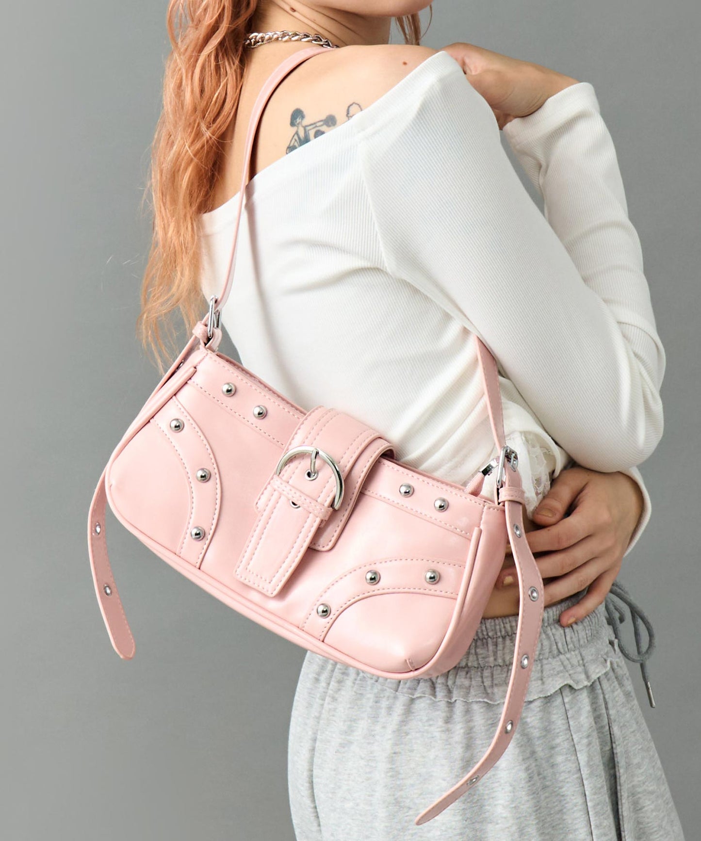 フロント ベルト スタッズ デザイン ショルダー バッグ 159-5930