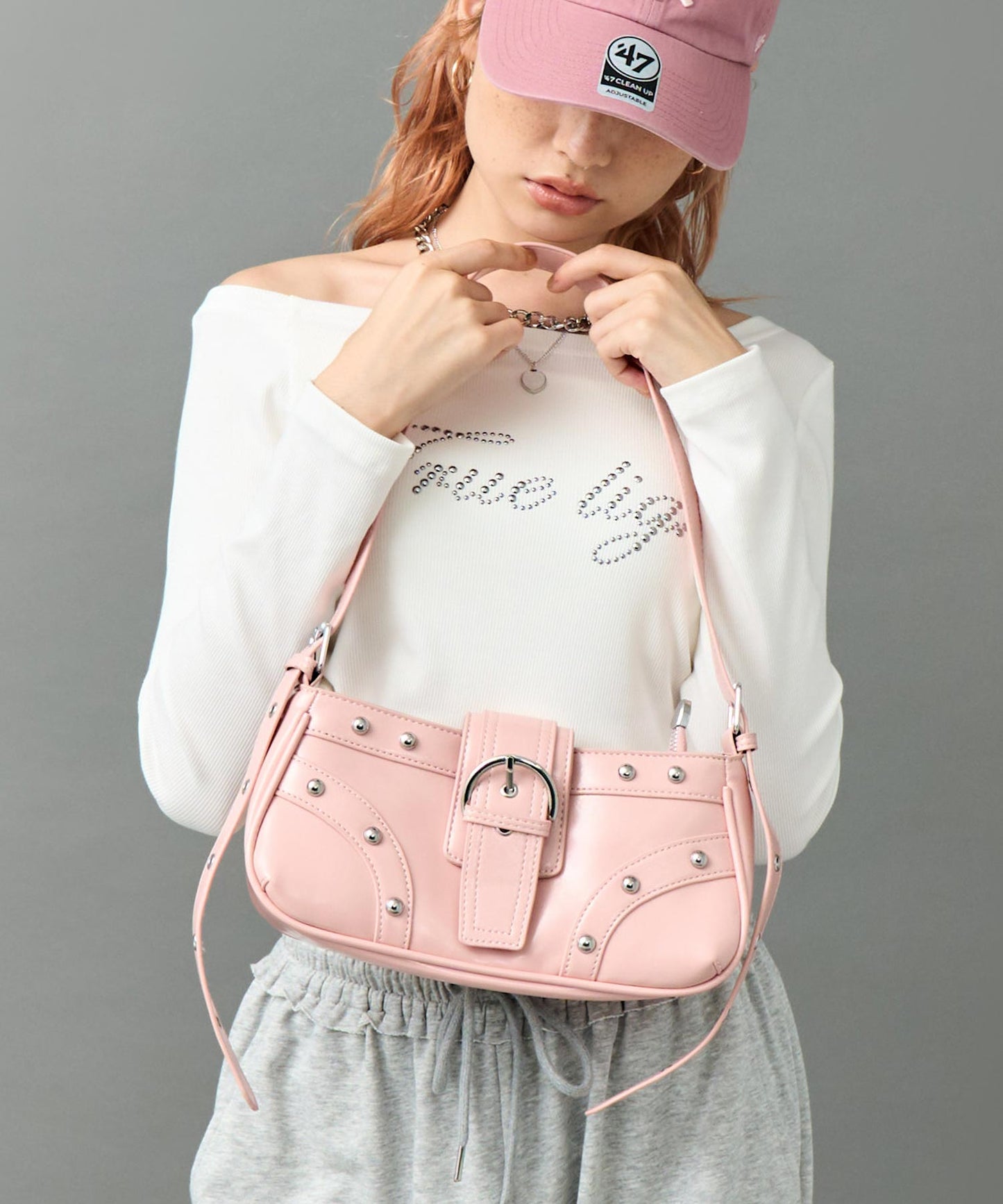 フロント ベルト スタッズ デザイン ショルダー バッグ 159-5930