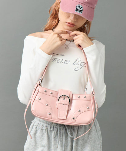 フロント ベルト スタッズ デザイン ショルダー バッグ 159-5930