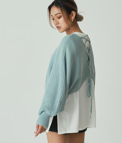 レースアップドルマンスリーブニットトップス 153-5113