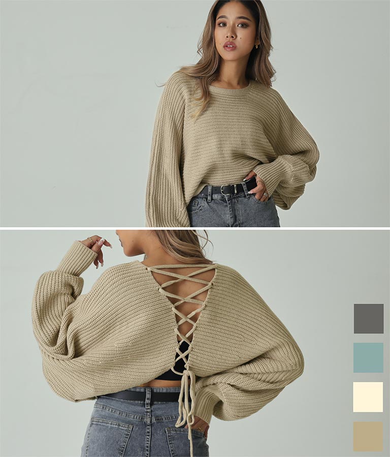 レースアップドルマンスリーブニットトップス 153-5113