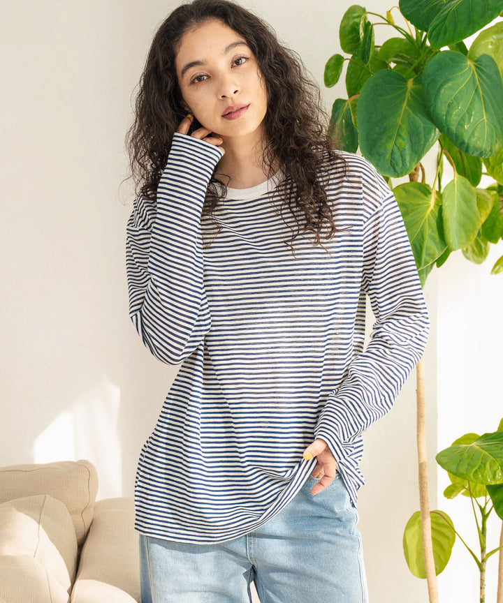 シアー カラー ボーダー ロングスリーブ カットソー 長袖 Tシャツ 853-5933