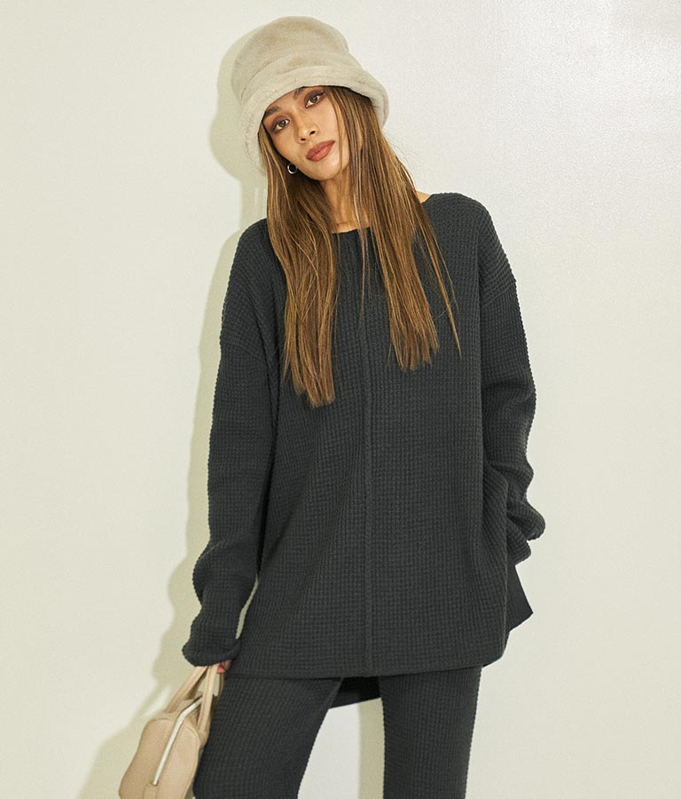 ワッフル編み スリット ニット トップス【セットアップ着用可】 793-8683