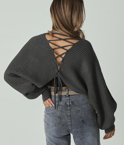 レースアップドルマンスリーブニットトップス 153-5113