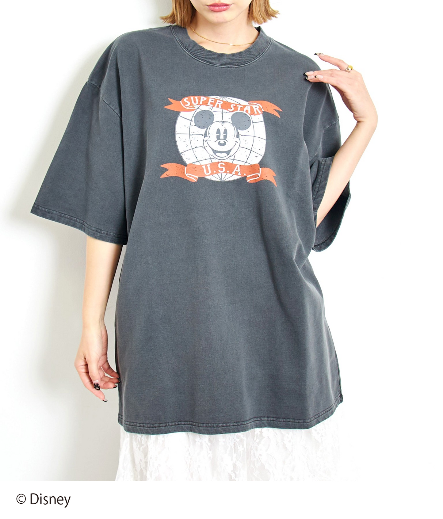 【Disney】＜Mickey＞ ANAP ユーズド加工 ミニ裏毛 ビッグ Tシャツ 793-9310