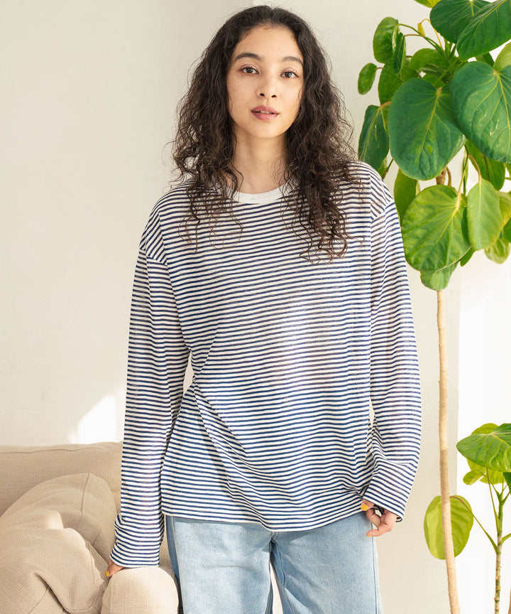 シアー カラー ボーダー ロングスリーブ カットソー 長袖 Tシャツ 853-5933