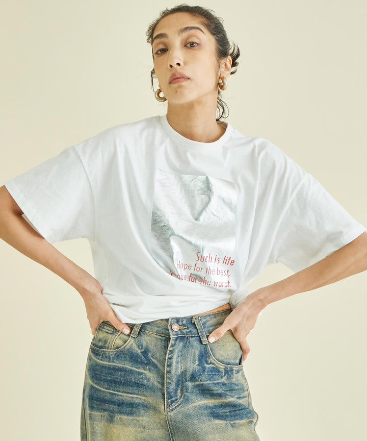 メタリック 箔 プリン ト × カラー ロゴ オーバーサイズ Tシャツ 363-9621