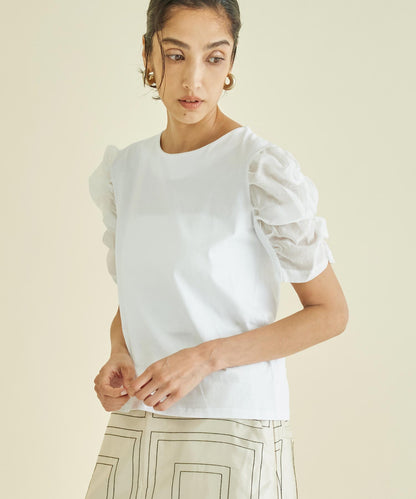 シアー ギャザースリーブ 切替 Tシャツ 363-9631