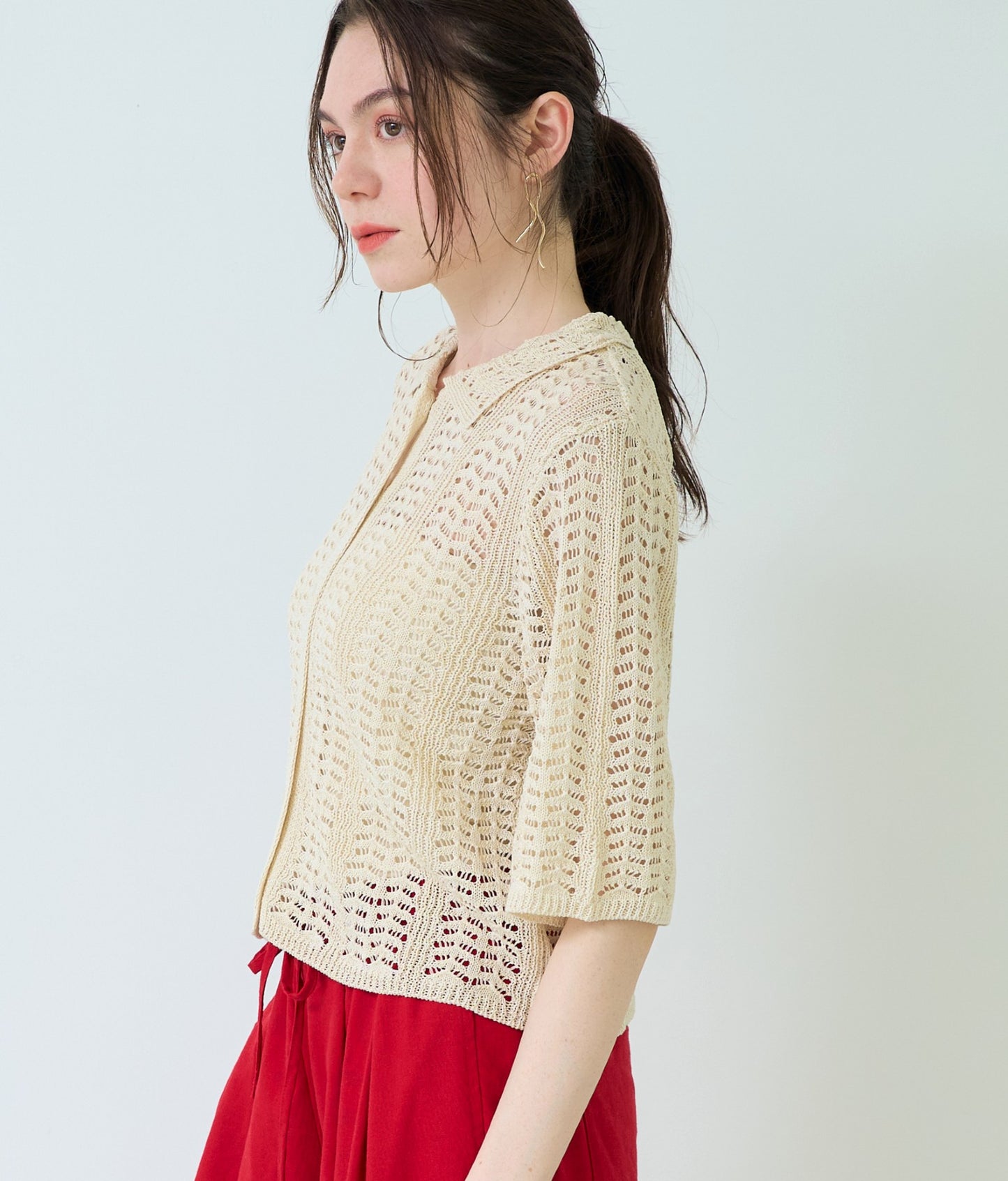 ハーフ スリーブ 透かし編み ニット シャツ 363-9653