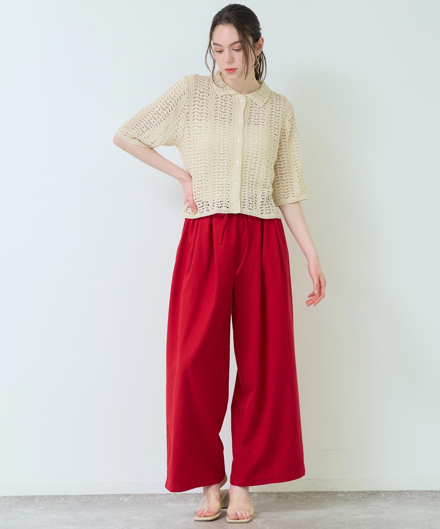 ハーフ スリーブ 透かし編み ニット シャツ 363-9653