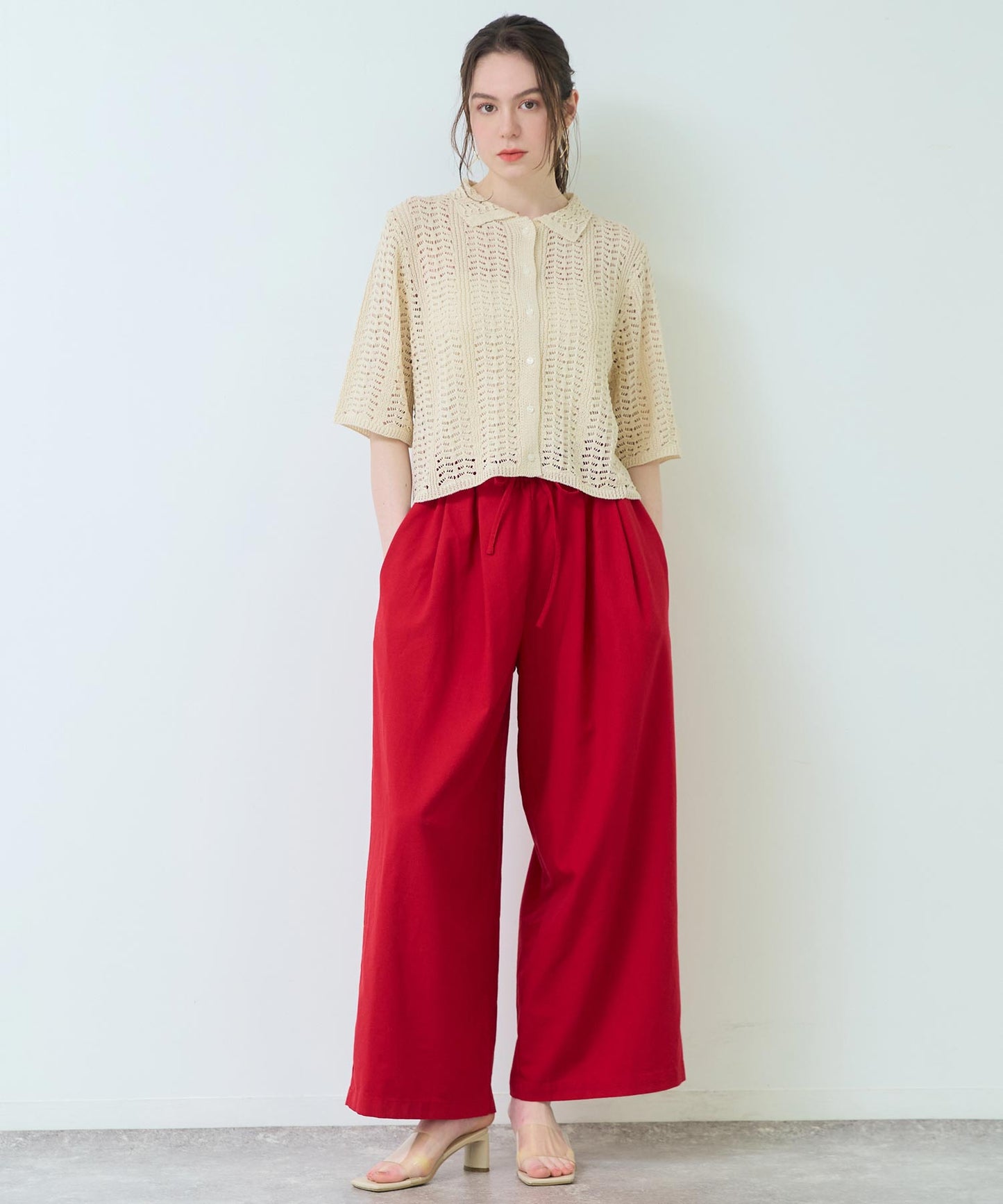 ハーフ スリーブ 透かし編み ニット シャツ 363-9653