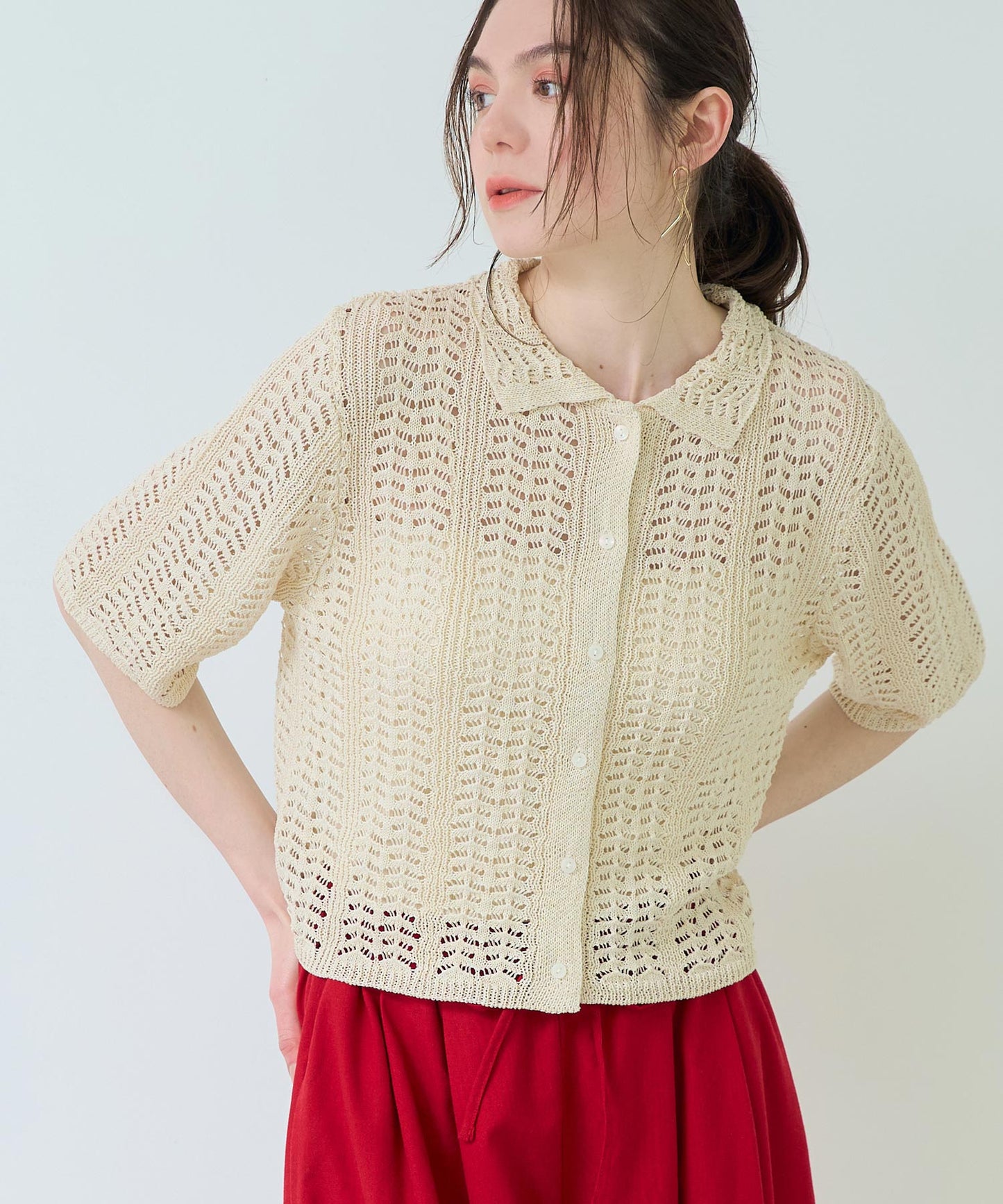 ハーフ スリーブ 透かし編み ニット シャツ 363-9653
