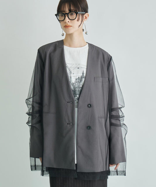 ANDRESD チュール レイヤード ノーカラー ジャケット 365-9697