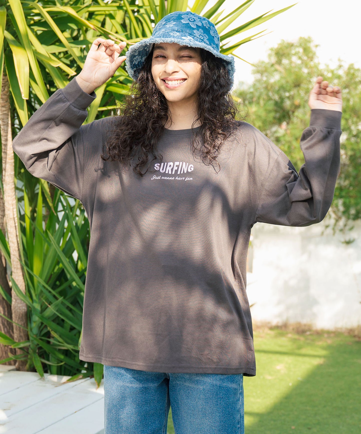 パームツリー サーフプリント ビッグ ロングスリーブ Tシャツ 853-5949
