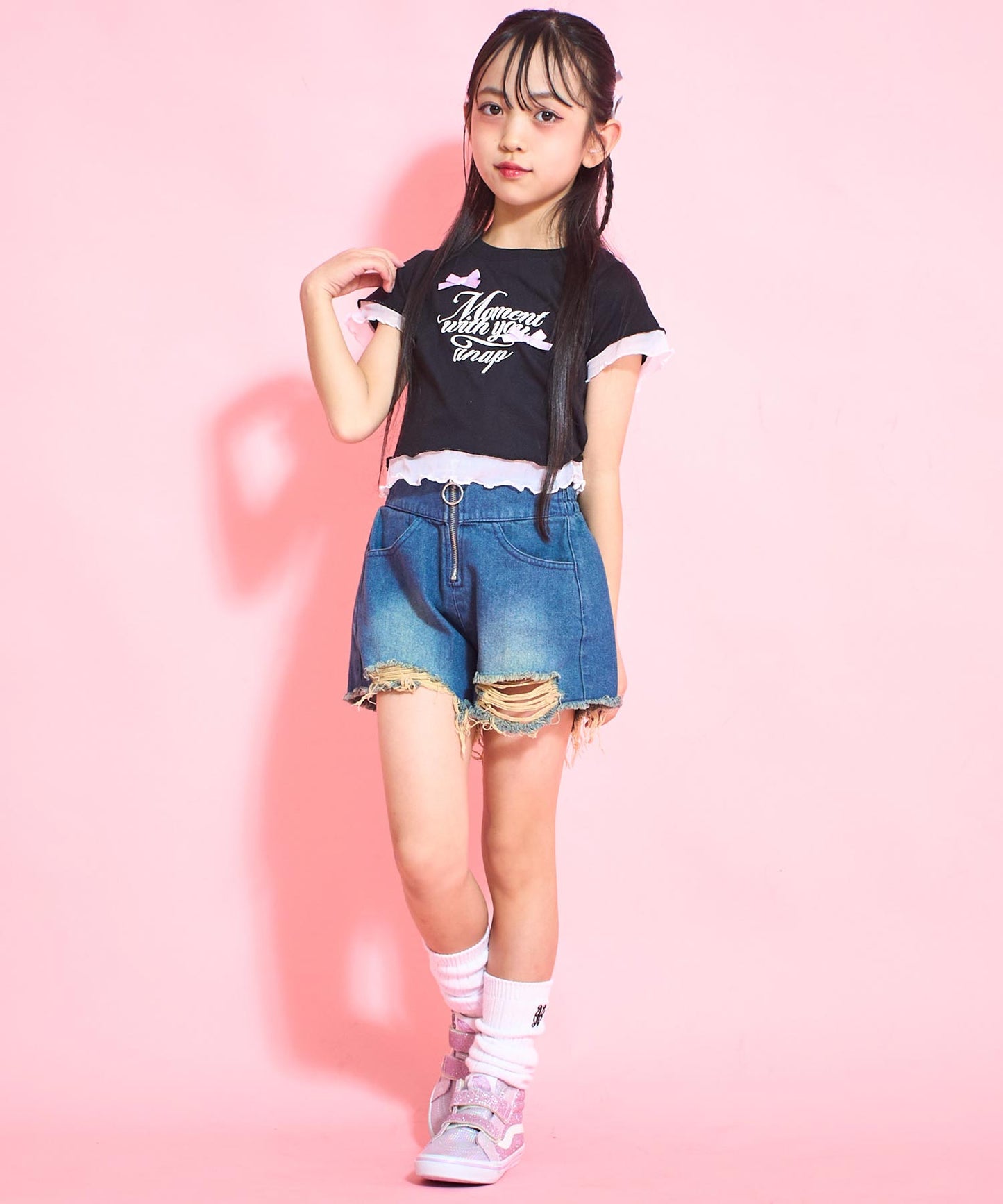 ハイウエスト リングジップ デニム ショート パンツ【ジュニアお揃い】 422-3390